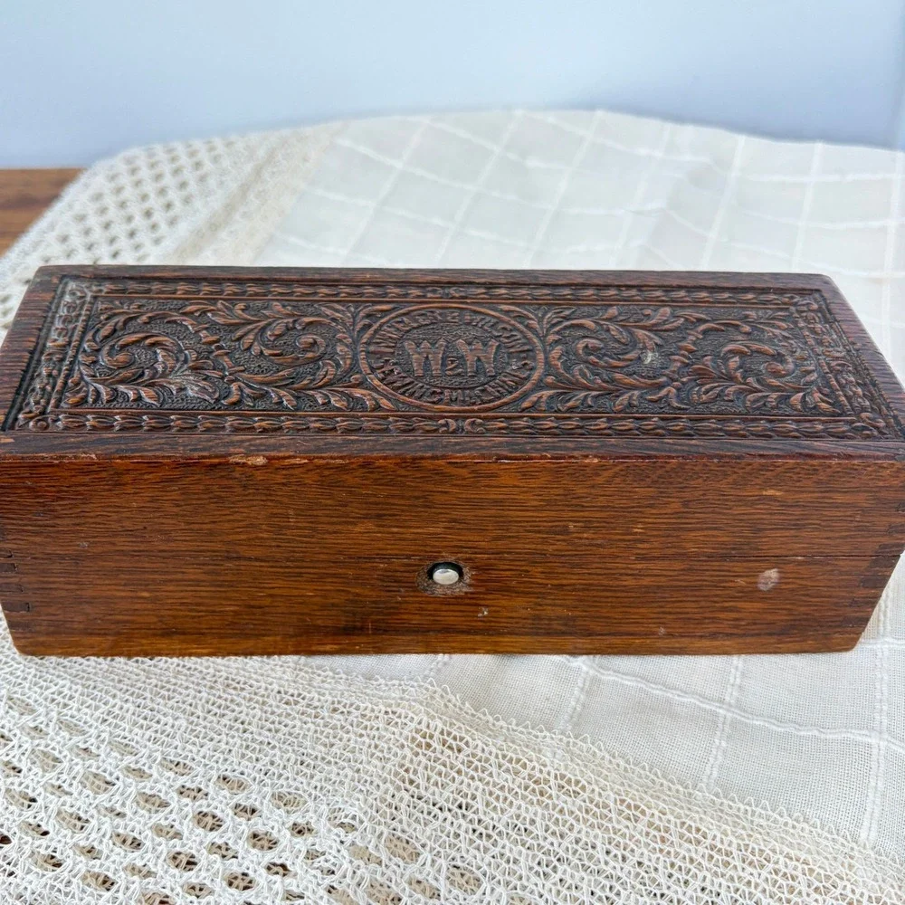 Antique Wheeler & Wilson Sewing Machine Carved Wood Accessory Box W&W Logo Decor